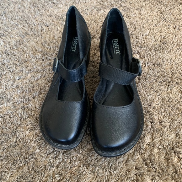 Born Mary Jane Wedge Heel Shoes Sz.10 Black Leather Classic Minimalist Versatile - Picture 2 of 13